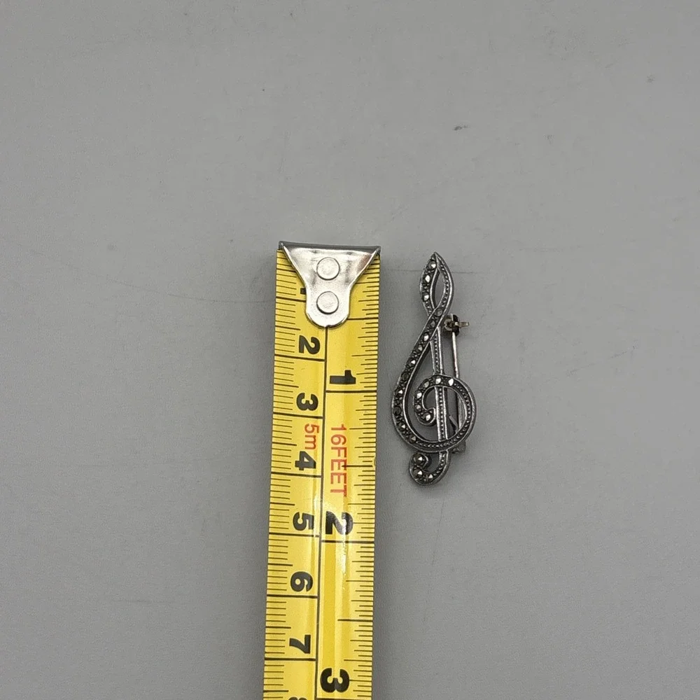 Sterling Silver‎ Marcasite Brooch Treble Clef Music Note 925 1.5